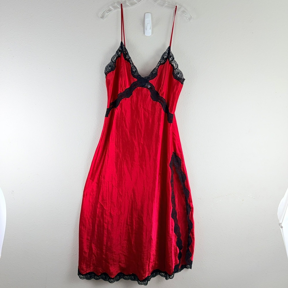 Chanteur Vintage Nightgown Large Red Black Lace Satin Slip Dress Sirencore 90s